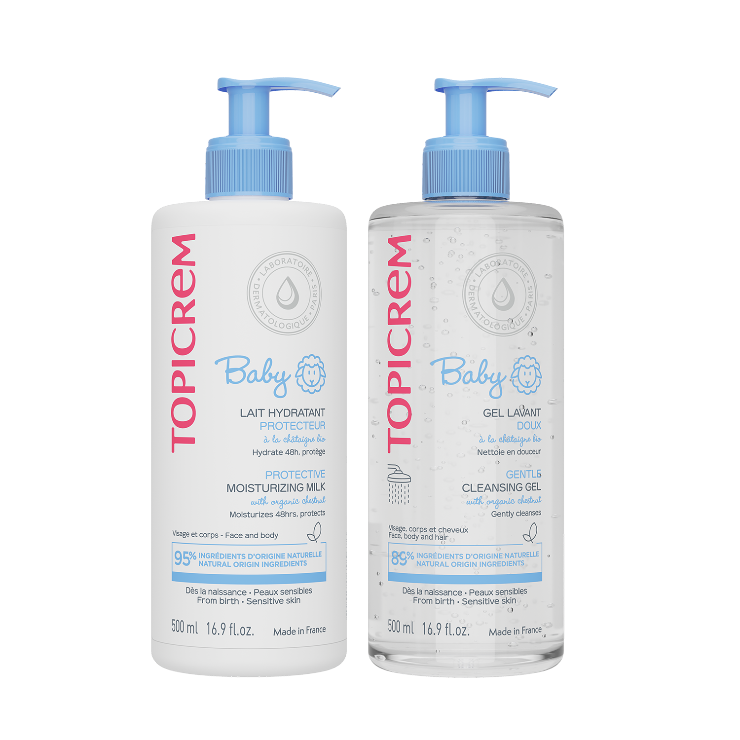 Topicrem Kit Bebés y Recien Nacidos. Gel Limpiador + Crema Corporal 500 ml c/u