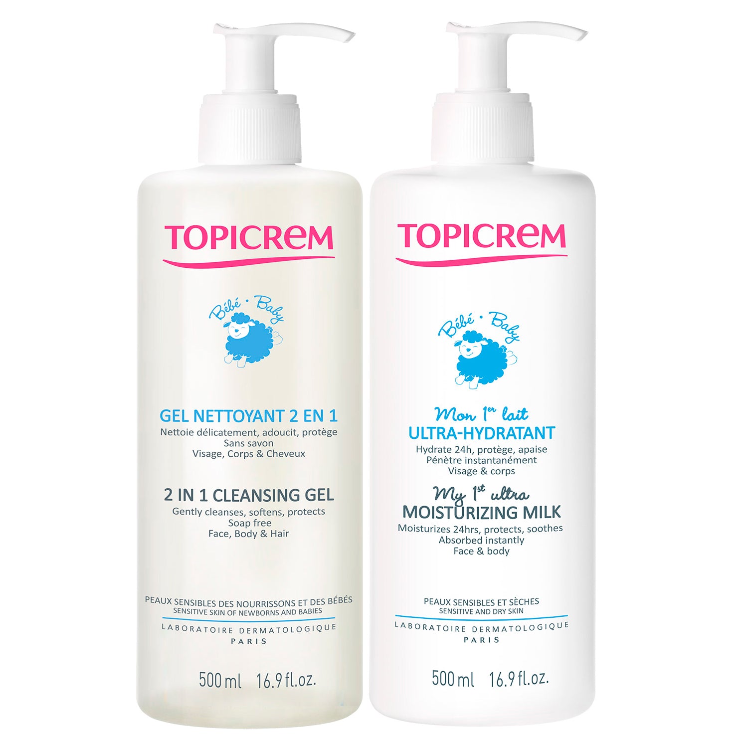 Topicrem Kit Bebés y Recien Nacidos. Gel Limpiador + Crema Corporal 500 ml c/u